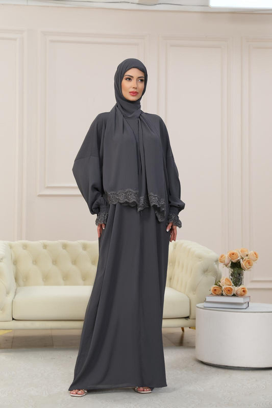 GRAY One-Piece Islamic Prayer Dress for Women with Built-in Hijab – Modest Abaya for Daily Salah, Ramadan, Hajj & Umrah | SafaSoft USA