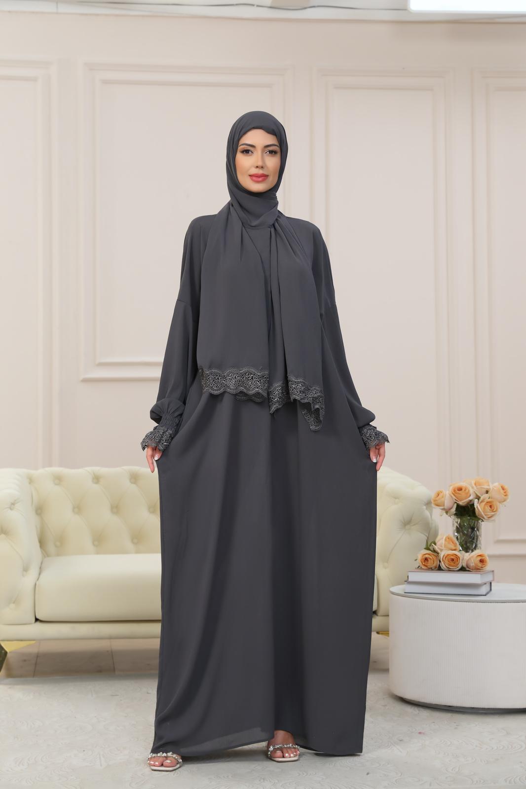 GRAY One-Piece Islamic Prayer Dress for Women with Built-in Hijab – Modest Abaya for Daily Salah, Ramadan, Hajj & Umrah | SafaSoft USA