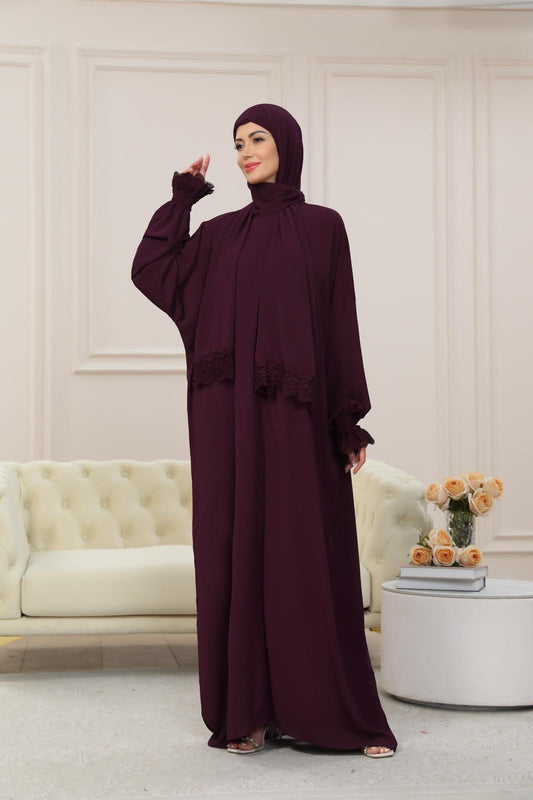 BURGUNDY One-Piece Islamic Prayer Dress for Women with Built-in Hijab – Modest Abaya for Daily Salah, Ramadan, Hajj & Umrah | SafaSoft USA