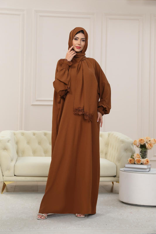BROWN One-Piece Islamic Prayer Dress for Women with Built-in Hijab – Modest Abaya for Daily Salah, Ramadan, Hajj & Umrah | SafaSoft USA