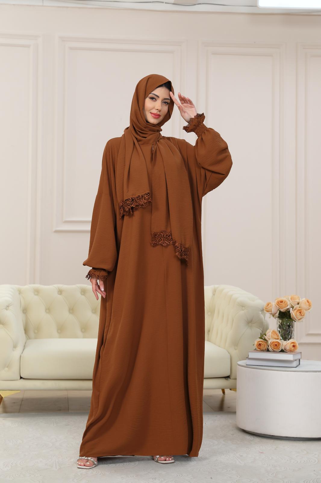 BROWN One-Piece Islamic Prayer Dress for Women with Built-in Hijab – Modest Abaya for Daily Salah, Ramadan, Hajj & Umrah | SafaSoft USA