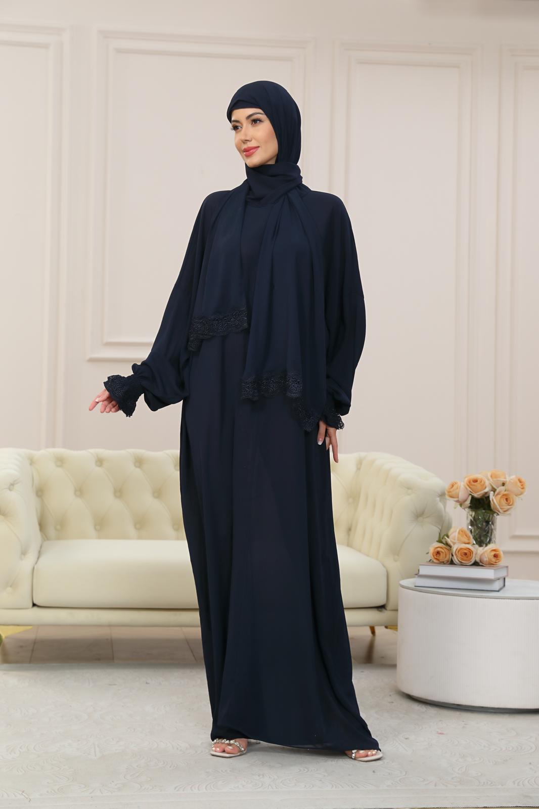 NAVY One-Piece Islamic Prayer Dress for Women with Built-in Hijab – Modest Abaya for Daily Salah, Ramadan, Hajj & Umrah | SafaSoft USA